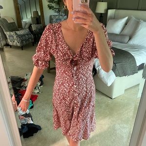 Tie front floral puff sleeve midi dress